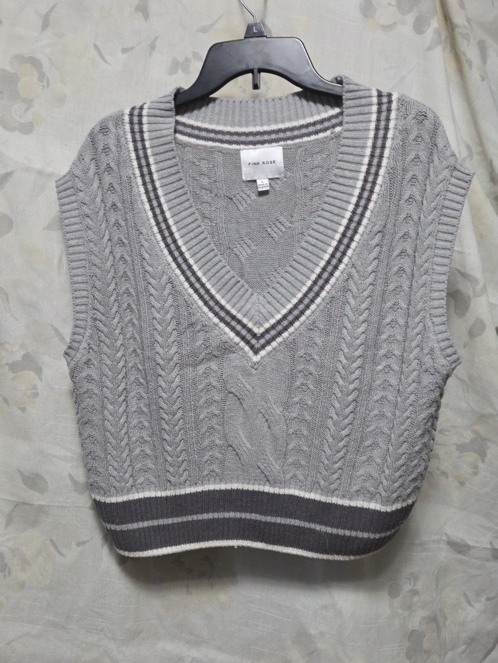 Pink Rose Gray Cable-Knit V-Neck Cropped Sweater Vest with Striped Trim